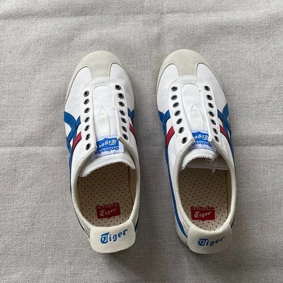 Onitsuka Tiger White Sneakers With Blue And Red Stripes - Picture 1 of 7